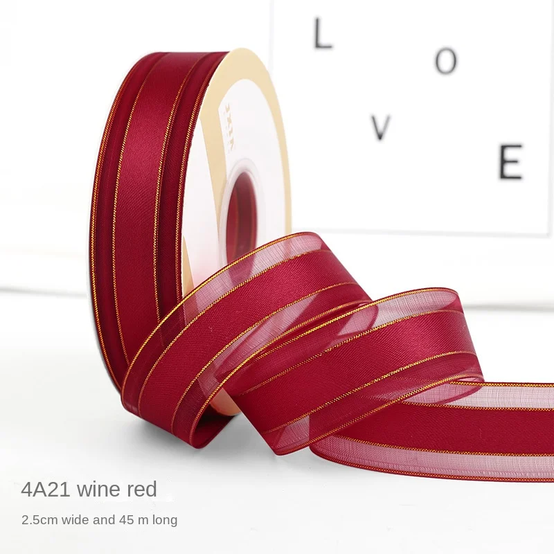 Gold Wire Edge Gift Satin Silk Ribbon Chiffon Crafts Flower Cake Boxes Packaging Custom Ribbons With Logo