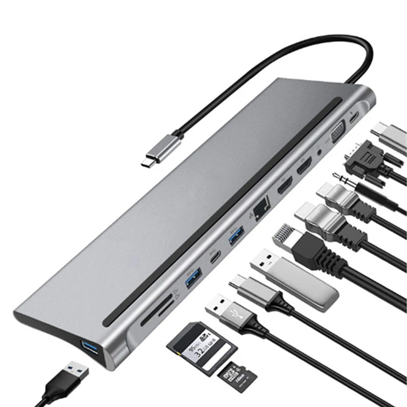 Custom logo USB Type C docking station 12 port usb 3.0 hub to PD/VGA/4K/USB3.0/rj45/SD TF card reader