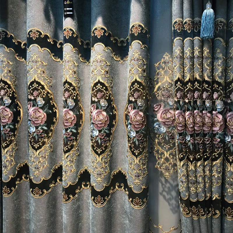 Curtain living room hollowed out gold embroidered CURTAIN FABRIC chenille window screen accept finished process punch fold