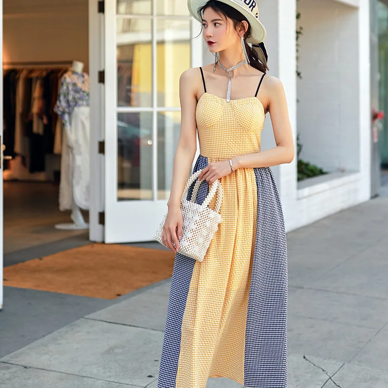 Sexy off-shoulder checked skirt 2024 New Korean style fashion mix colours dress women