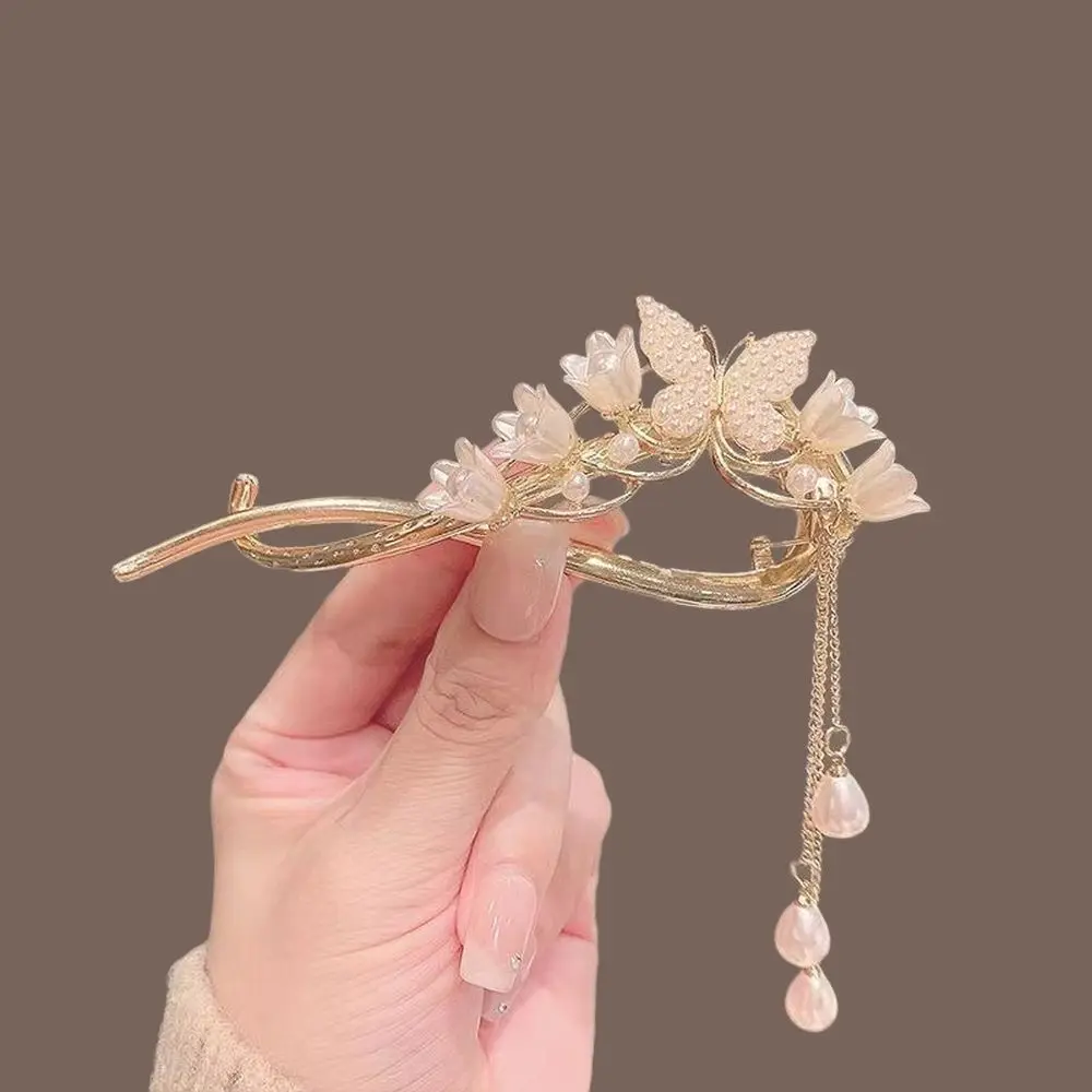 Fashion Women Lily of the Valley Flower Rhinestone Butterfly Pearl Tassel Twist Hair Claw Half -ponytail Grab Clips