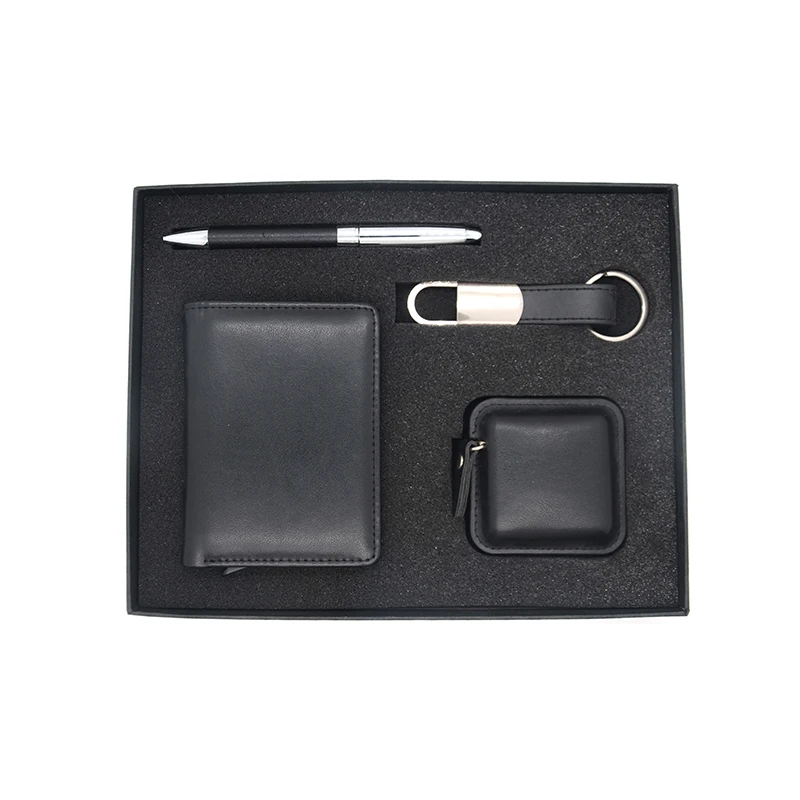 Luxury Promotional Leather Wallets Brand Keychains Asia Pen And Pu Tape Measure Business Gift Set