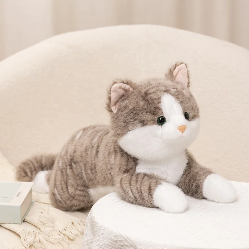 Simulation wholesale cat toys Cute Lie Down Yellow Grey White lifelike Cute Cat Plush Children Sleeping Toy