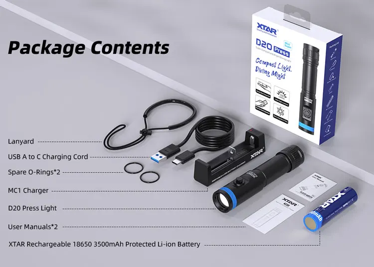 2024 NEW XTAR MiniSuper D20 Press 1200 lumens IPX8 Waterproof Underwater 100m Scuba Torch Light LED Diving Flashlight