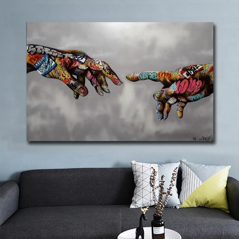 Graffiti Art Street Wall Canvas Painting Abstract Colorful hand of God Picture Prints Posters For Living