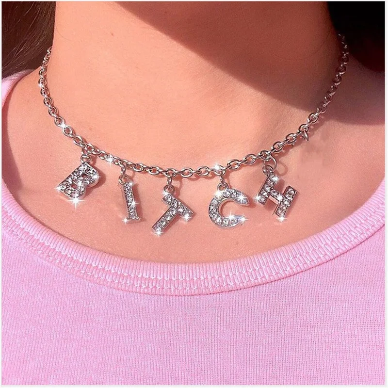 Europe and US Diamond pendant letter short chain necklace custom English letter phrase word pendant stainless steel necklace