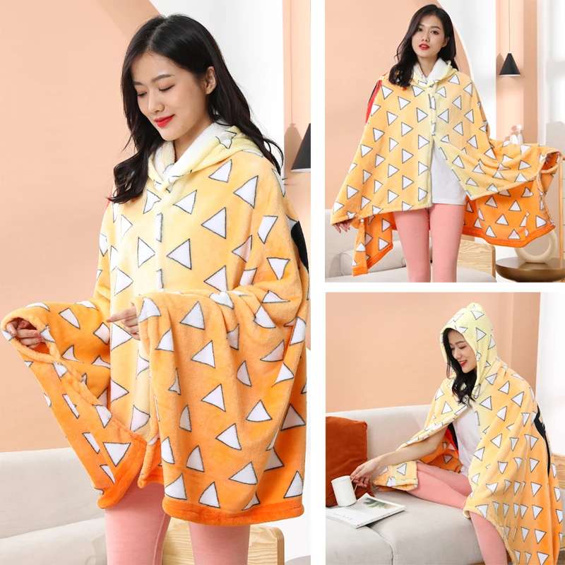 Anime Blanket Cloak Demon Slayer Adult Hoodie Bathrobe Nezuko Kamado Cosplay Costume Winter Flannel Warm Shawl