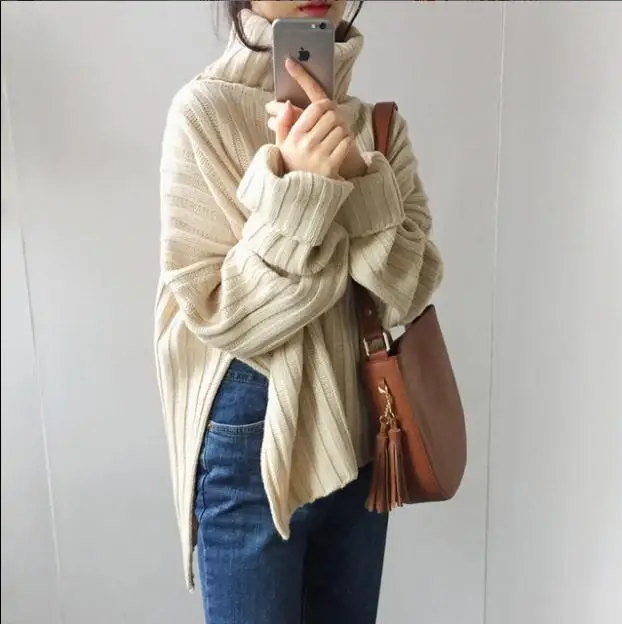 2021 autumn and winter new Korean wild loose pit stripe large split fork turtleneck sweater coat sweater