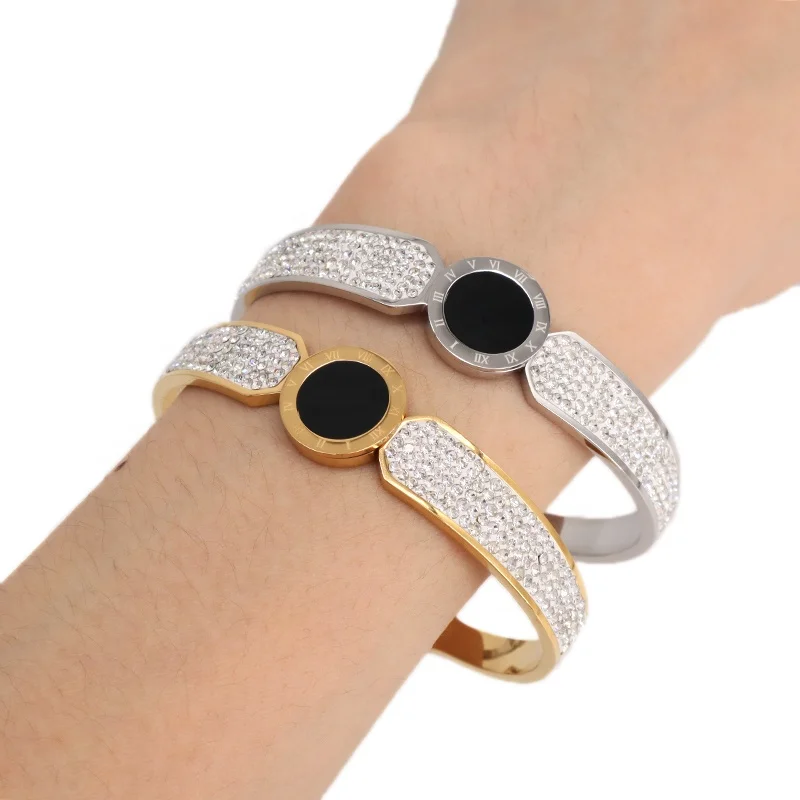 Fashion Women Jewelry Wholesale Custom Bracelet Gold Plated Roman numerals Micro Pave CZ Openable Cuff Stainless Steel Bangle