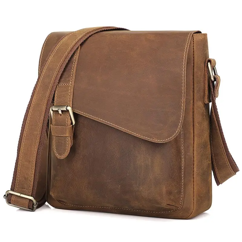 Vintage Genuine Leather Flap Bag Casual Office Crossbody Shoulder Satchel Bag Business Crazy Horse Leather Messenger Bag for Men