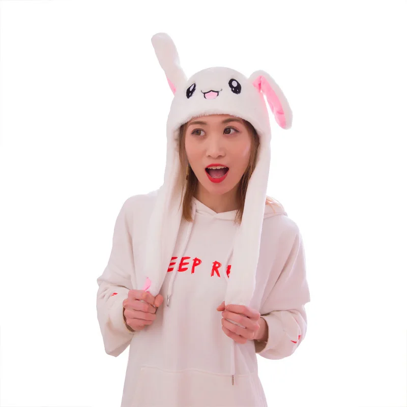 Bunny Rabbit Ear Plush Hat Movable Jumping Rabbit Ear Funny Cute Stuffed Animals Toys Plush Hat With Led Light