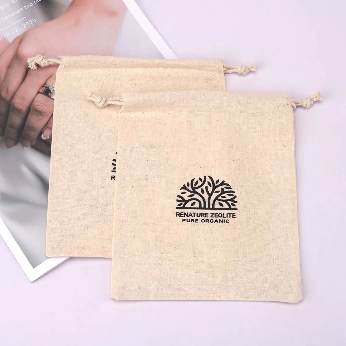Custom Logo Printed Organic Cotton Gift Hangover Kit Dust Packing Drawstring Bag Natural Soild Msulin Storage Shoe Poouch