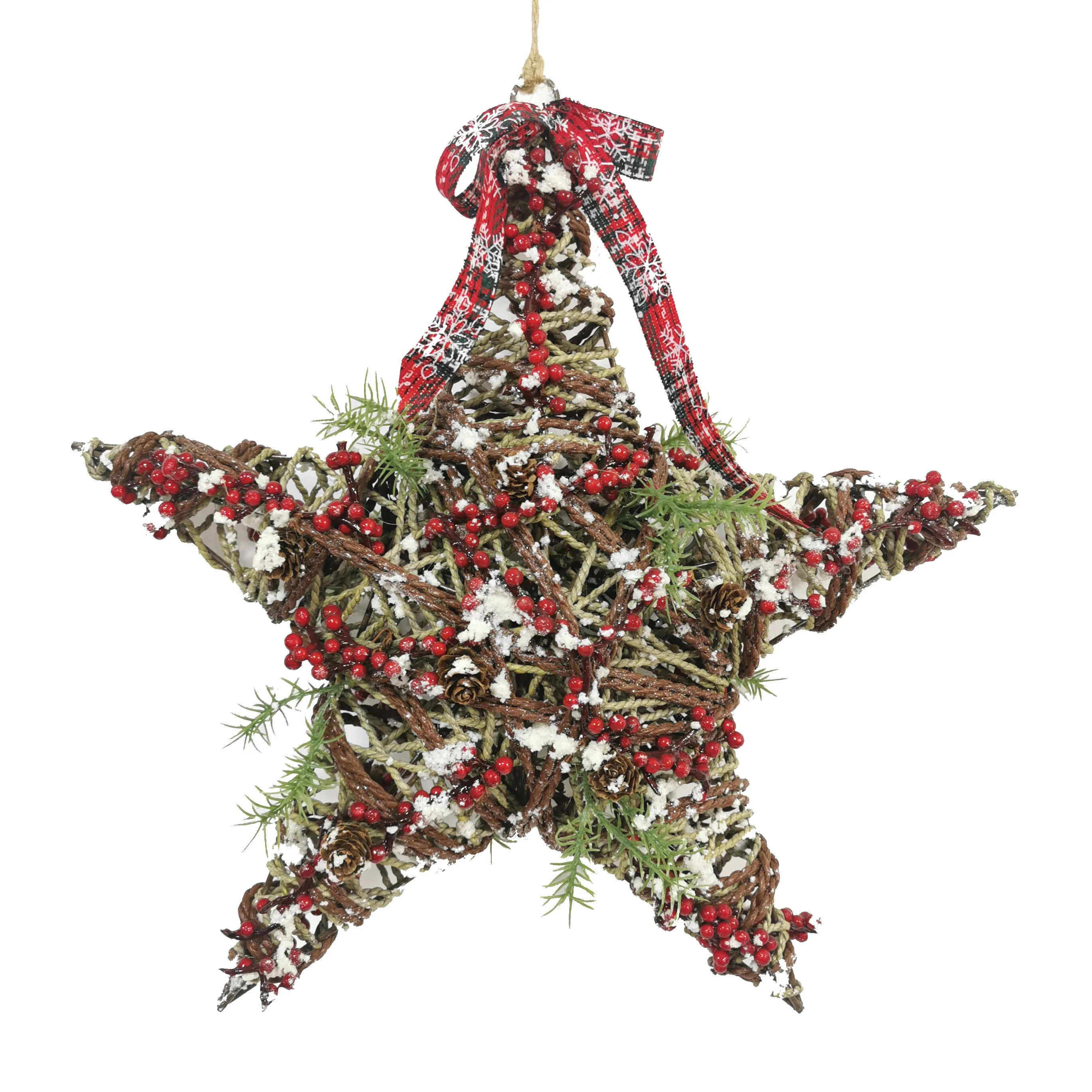 2022 Christmas Wreaths Ornaments With Led Lighted Wire Iron Wicker Star Shape Wreath Door Wall Hanging Decor Berry Wreath