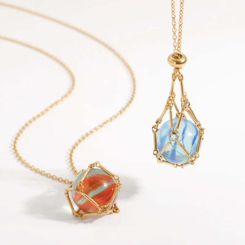 Wholesale stainless steel mesh chain necklace Silver/gold string bag necklace Natural crystal mesh bamboo necklace