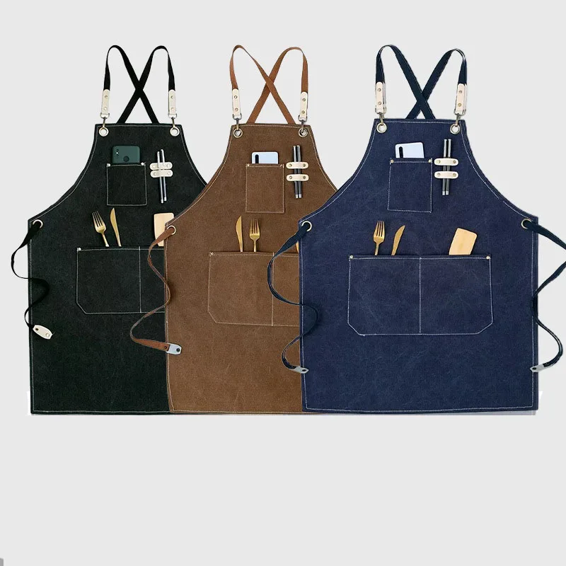 Men Work Barber Garden Artist Apron Adjustable Black Jeans Canvas Fabric Apron Cross Back With Leather Stapes With Tool Pockets