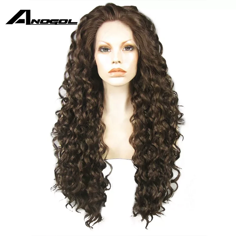 Anogol Synthetic Long Brown Afro Kinky Curly Wigs 13*2.5 Lace Front Wig 180% Density High Temperature Fiber Wigs for Women