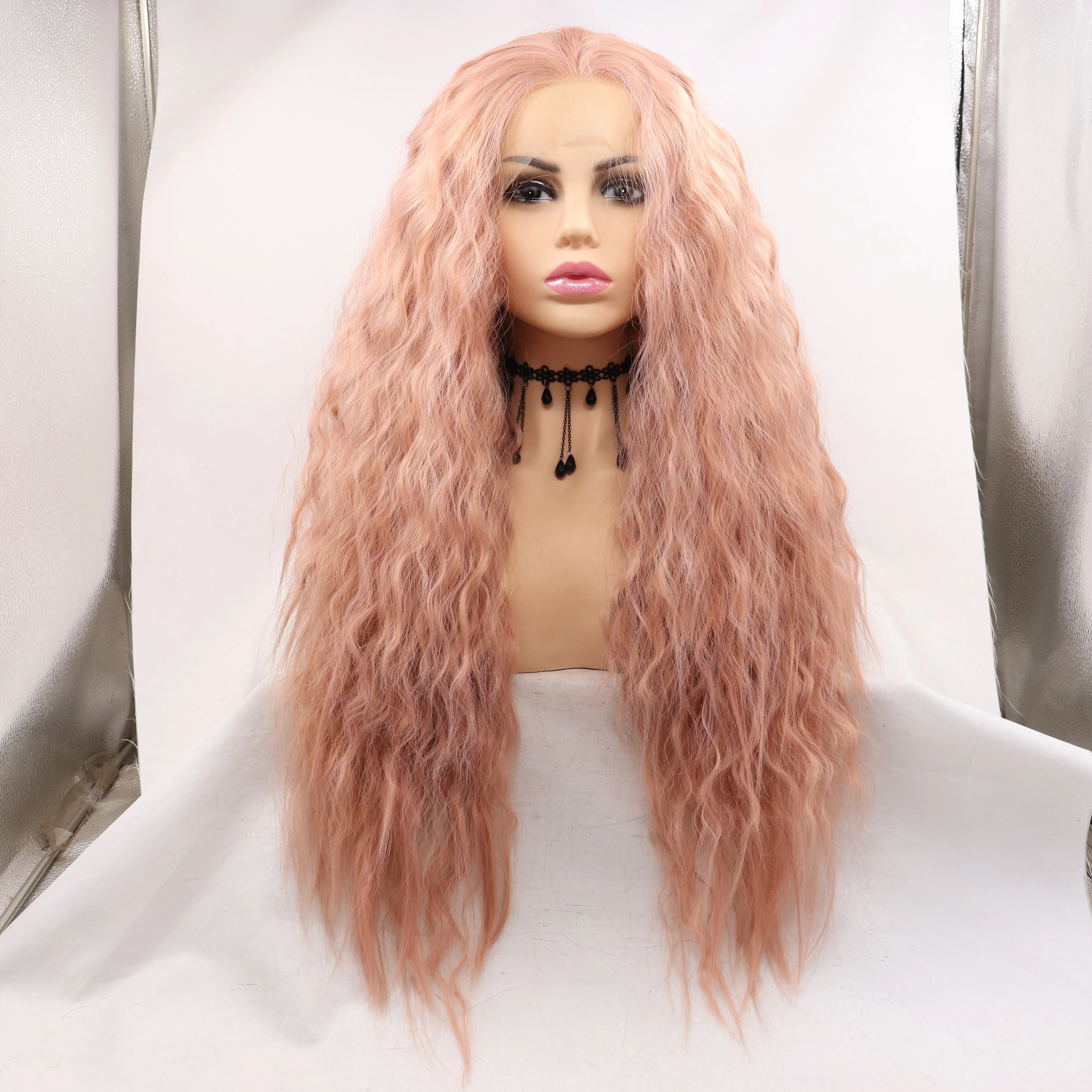 Lovely Pink Mono Long Curly Premium High Quality Water Wave Wholesale Cheap Women Glueless Lace Front Synthetic Hair Wigs