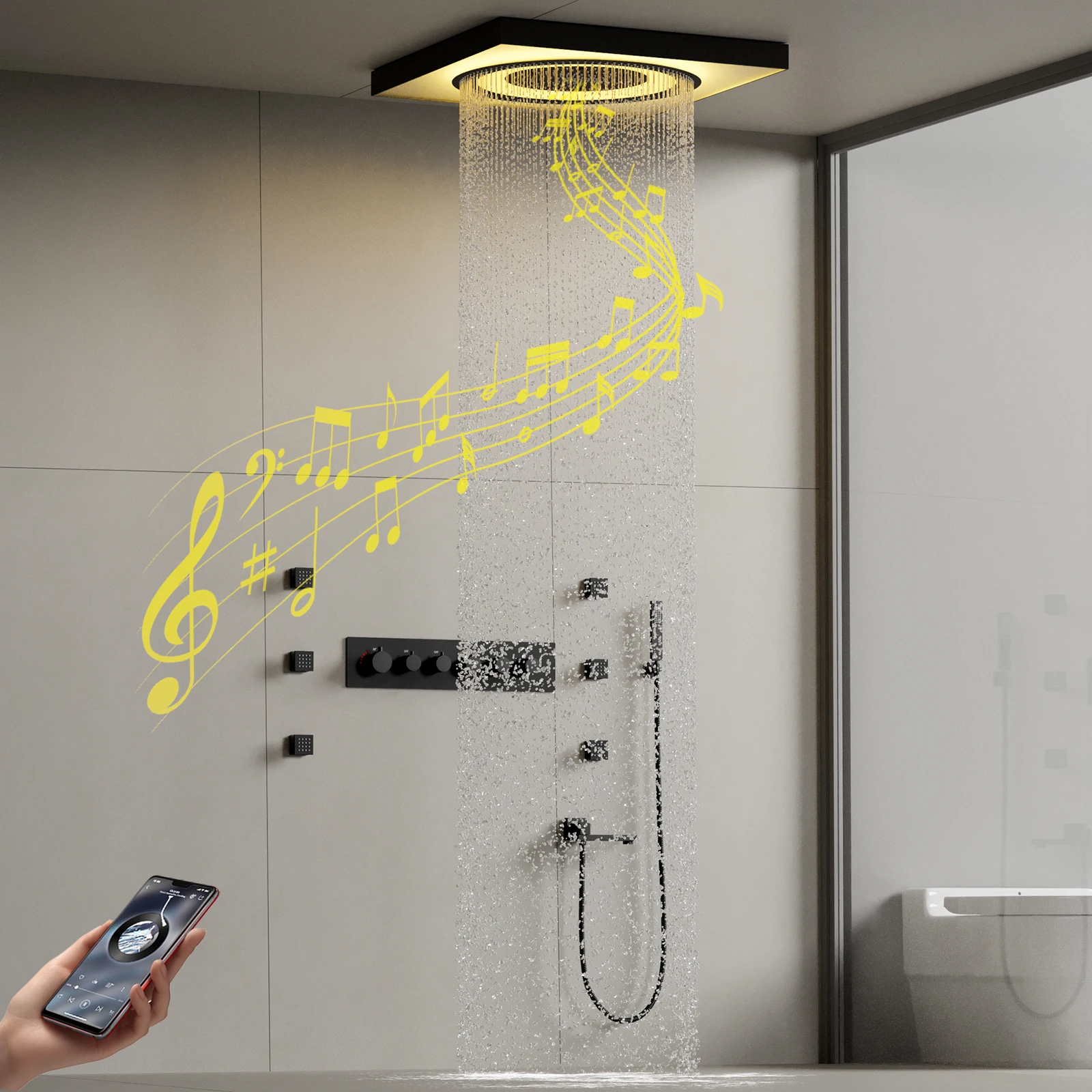 High End Bathroom Concealed Thermostatic LED Shower System Set Luxury Ceiling Mounted 24 inch LED Music Shower Head
