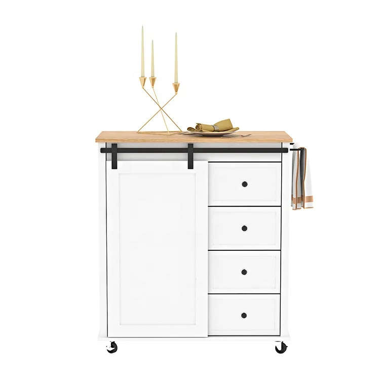 Sliding door design mobile white rubber wood rolling serving trolley kitchen island cart with drawer
