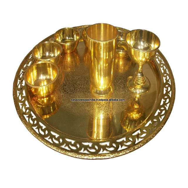 Brass Round Thali Set of One Plate , Two Glass & Five Bowls For Dinner Ware And Table Ware