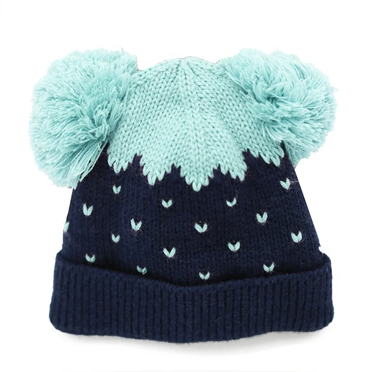 Baby Beanie for Girls Boys Jacquard Knit Winter Hat Cozy Lining Skull Cap Double Pom Pom Hats Toques Unisex Wholesale