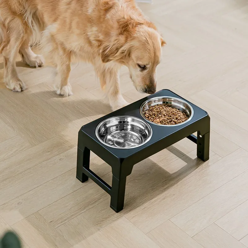 Adjustable Black Stainless Steel Dog Double Bowls No Spill Pet Feeding & Water Bowl Feeder Pet Food Storage
