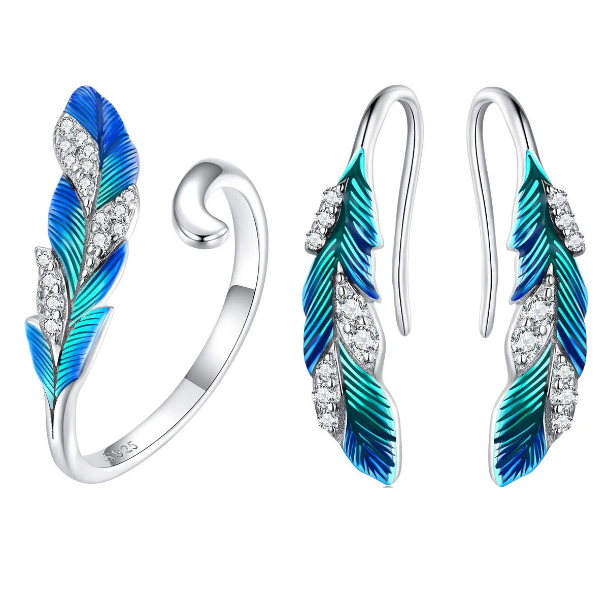 SHIERO White Gold Plated New Designer Enamel Feather Open Ring and Feather Drop Earrings Jewelry Sets 925 Sterling Silver