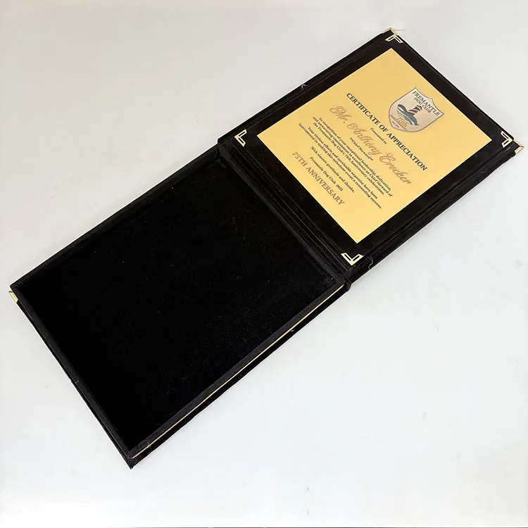 Черная Складная бархатная коробка сертификат таблички с золотой пластиной MH-MJ0084