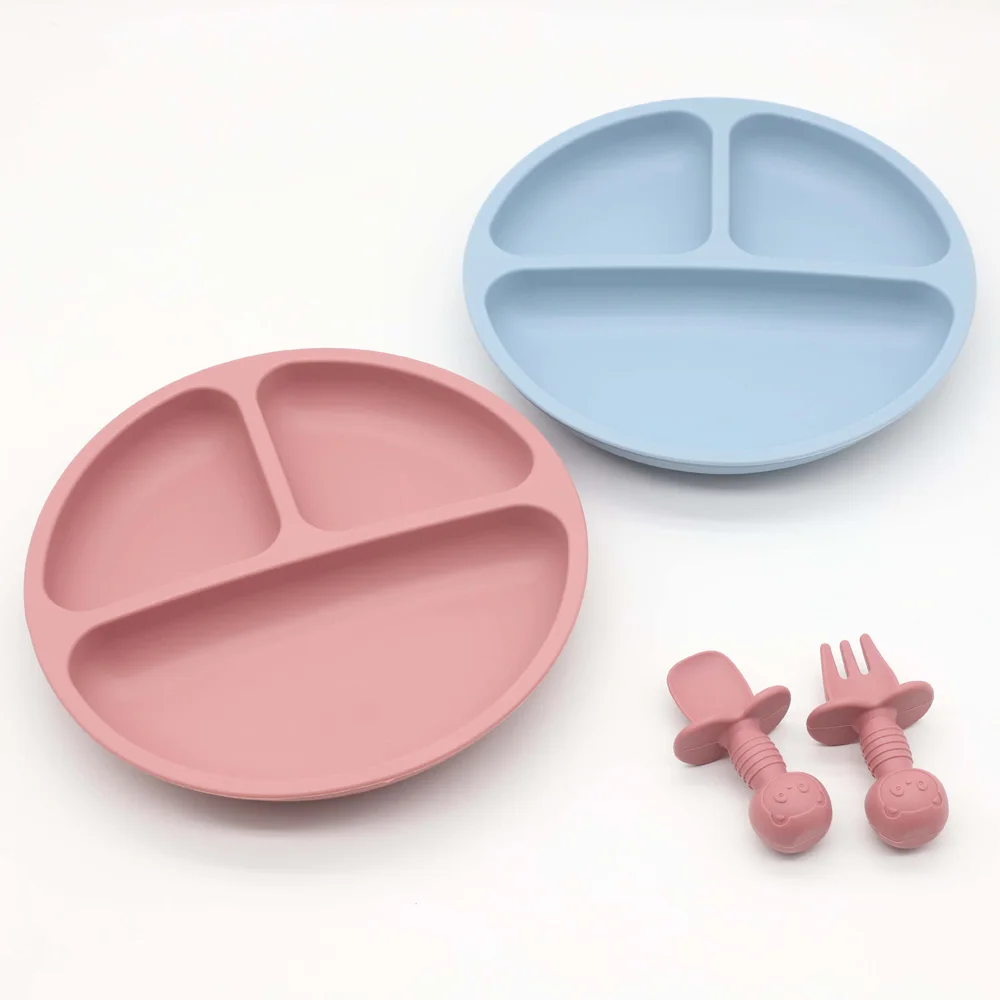 silicone baby modern divided round suction silicone dinner plate tableware with adsorption silicon kids food plate