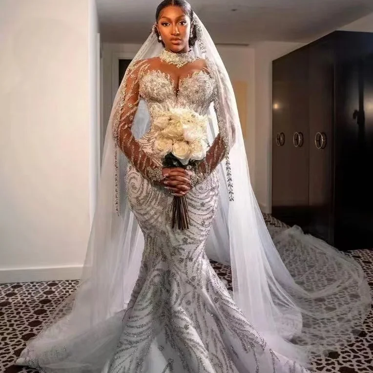 Long Tail Best Selling New Design Simple New Extra Long Slim Beaded Lace Bridal African Long Trailing Wedding Dress Simple New