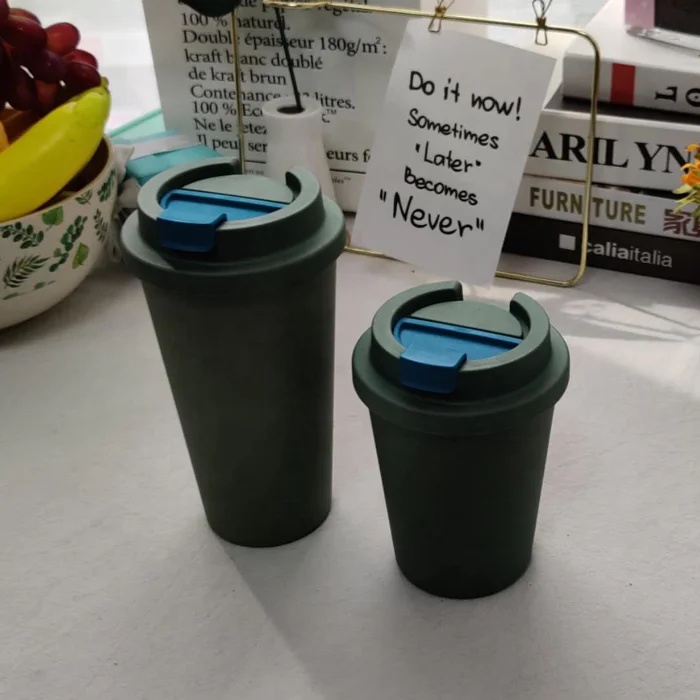 12 oz 14 oz PLA fashion buckle lid internal thread bamboo fiber tumbler portable leakproof with silicone rim microwave safe