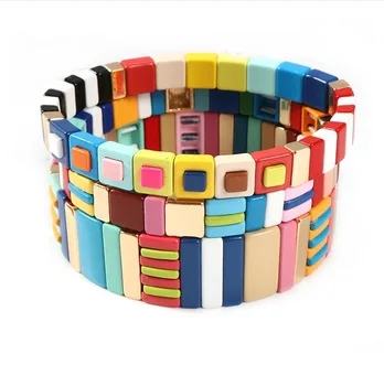 Popular Bohemia New Design Miyuki Bead Elastic Bracelet Rainbow Painted Color Tile Beads Handmade Enamel Bracelet