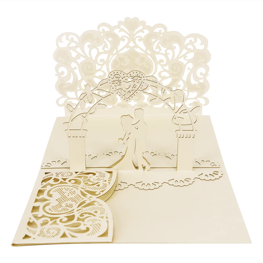  Luxury laser cut gold paper newlyweds designs 3d pop up wedding invitation