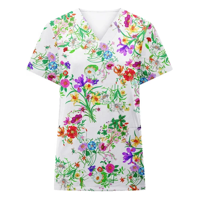 Hot sale custom pattern hospital uniforms v-neck t-shirts wholesale nurse uniform tops