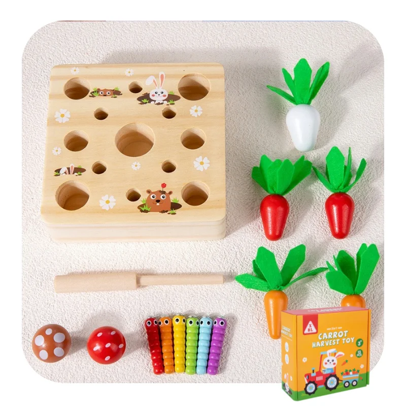 Baby 3 in 1 Pulling Carrots Catch Insects Wooden Toy Montessori Color Shape Sorter Game for Toddler Fine Motor Skills