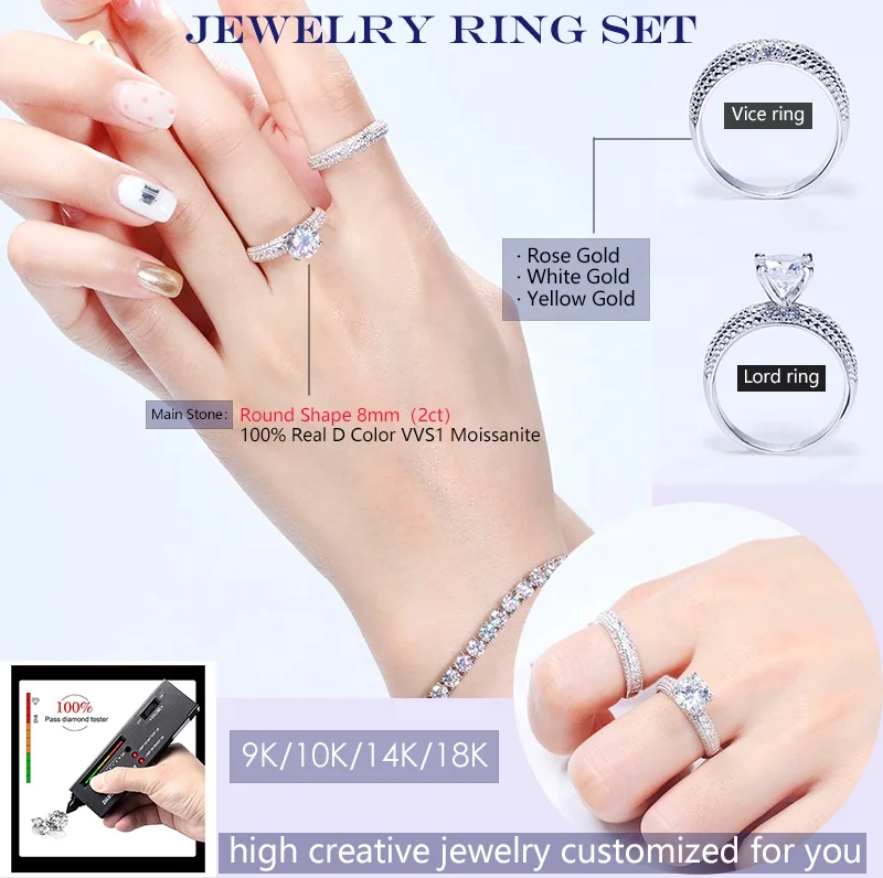 9K/10K/14K/18K White Gold Real Mossan Ring 8 mm Round Shape 2ct Moissanite Diamond Ring Set With GRA Certificate for Women Gift