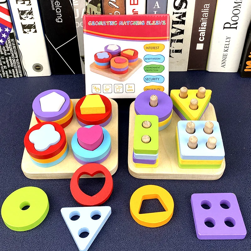 Factory Price Toddler Wooden Blocks Toy Geometric Shape Matching Column Kids Wooden Montessori Educational Toy