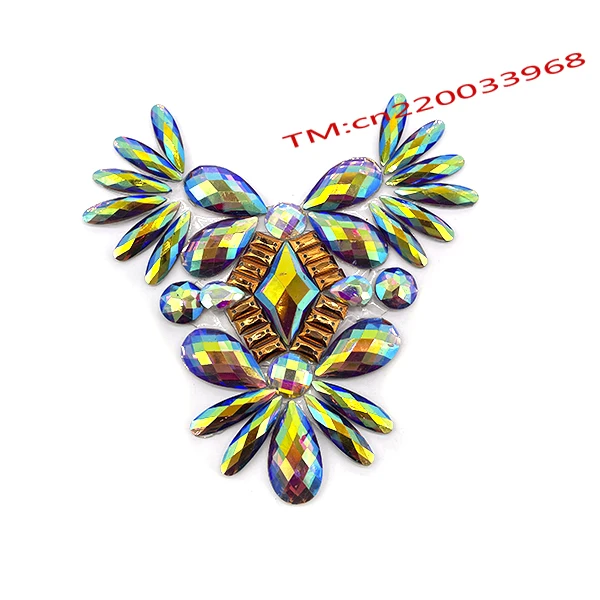 Handmade Customized reflective carnival costumes Resin beads hot fix stone applique patch trim with trimming for fiesta party
