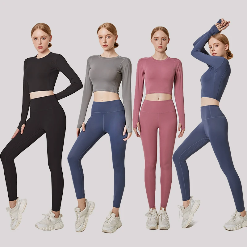 
high quality yoga active wear set 2021 fitness sportswear 2-piece long sleeves Top tight high waist leggings yoga workout set 