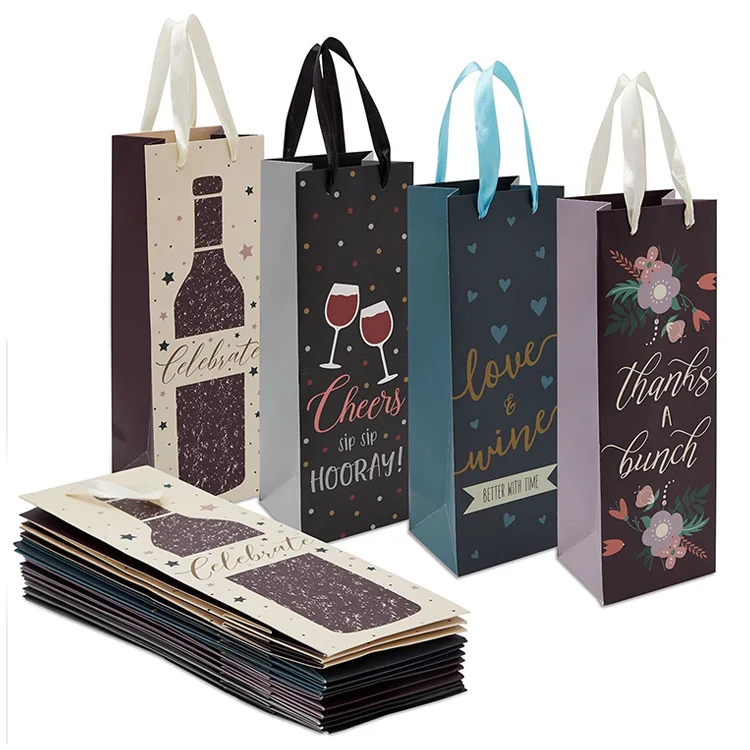 New Design Retail Eco Friendly Luxury Recycled Custom Logo Printing Cardboard Brown Kraft Paper Wine Bags for Champagne Bottle