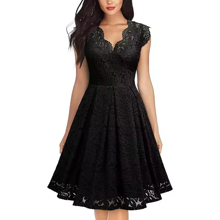 OEM Vintage Summer Maxi Dress for Women Elegant V-Neck Lace Skirt Small Cover Sleeve Beach Casual Holiday Party Wear Plus Size
