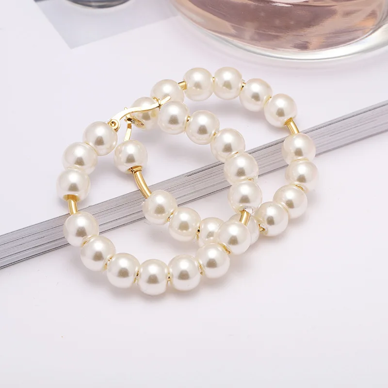 Korean New Fashion Trend Stainless Steel Gold Plated Women Big Hoop Pearl Earrings