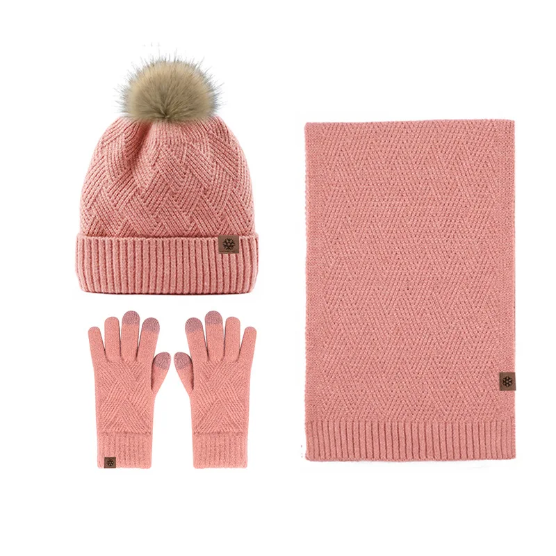 Fake fur pompom Knitted Beanie Set with Scarf and Gloves for Cold Weather Protection