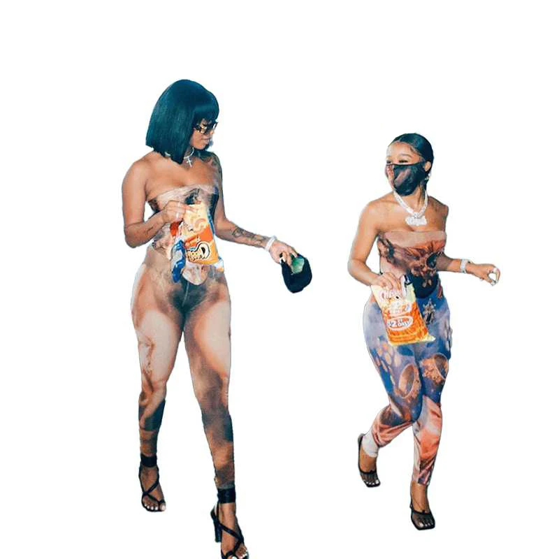 
Skinny Sleeveless Stretchy Activewear Sporty Pattern Print Overalls Workout Casual Jumpsuits For Women 