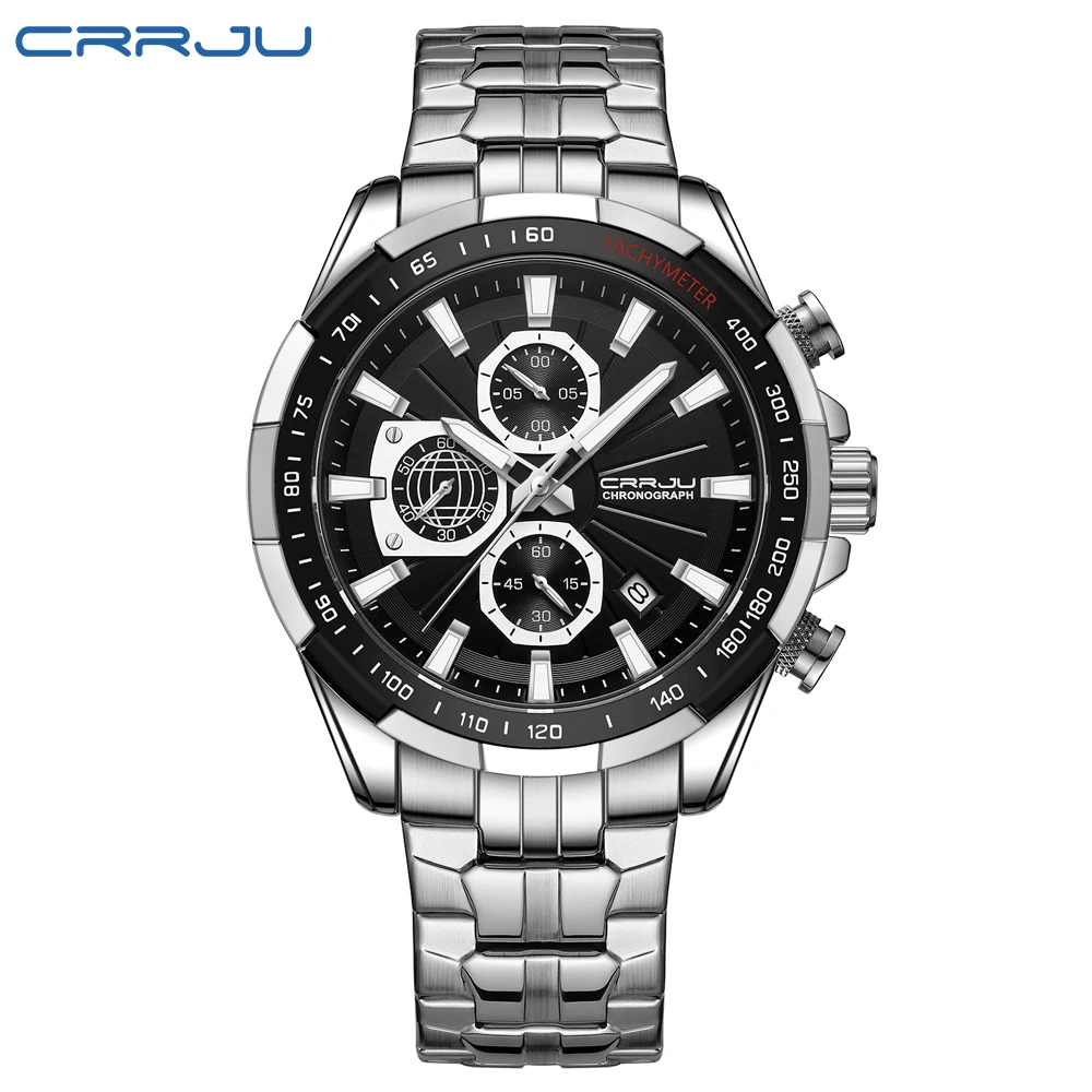 Crrju Manufacture  waterproof solid  Stainless Steel Chain alloy case  green luminous Wrist men Watch reloj de hombre