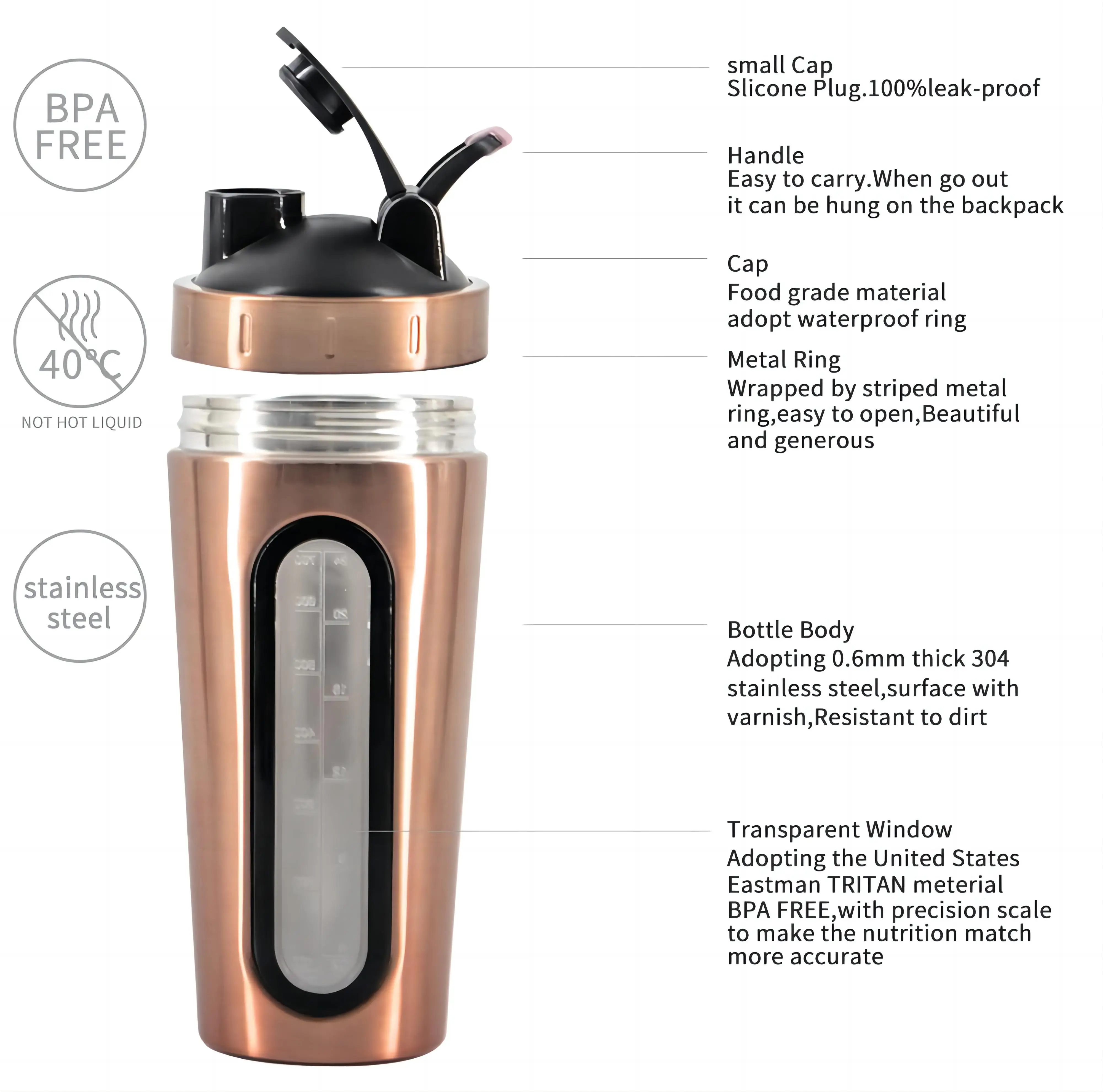 750ML Stainless Steel Single Wall Sport Flask Protein Flask With Blender And visible Window For GYM Shaker Water Bottle