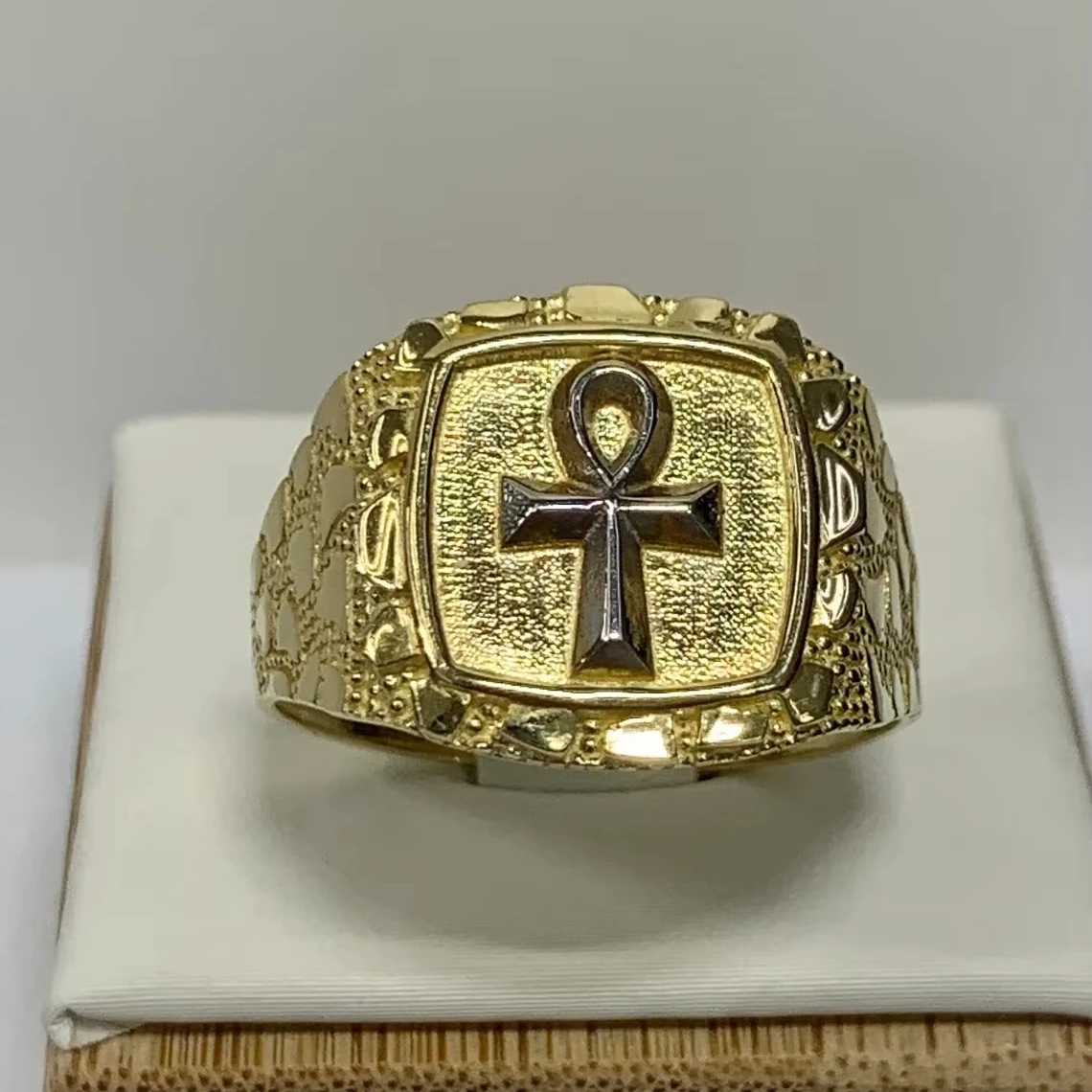 14K позолоченный анхский Египетский крест с петлей кольцо Anillo мужские ювелирные изделия самородок