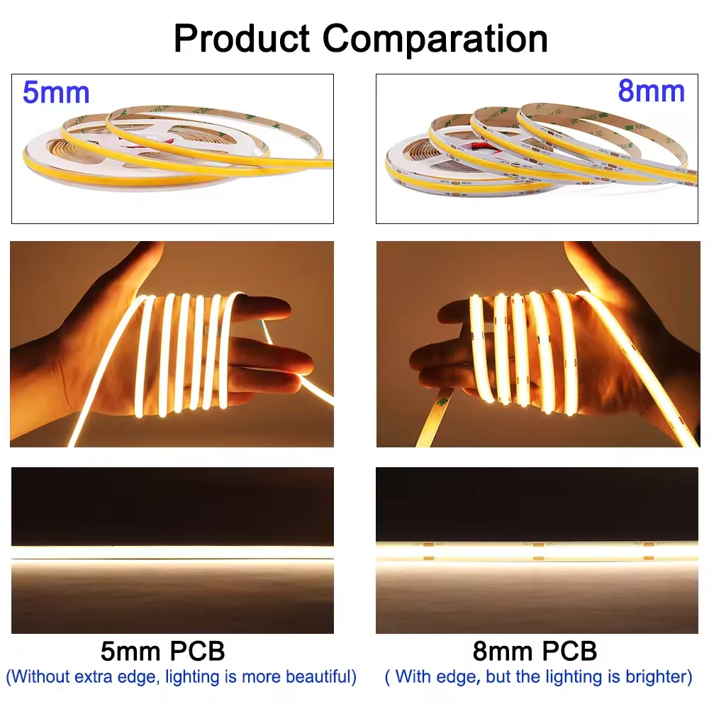 3mm 5mm 8mm 10mm Flexible LED COB 480LEDS FOB LED Light Tape Bar CRI 90 Ice Blue Red Green Yellow Warm Cold White Color