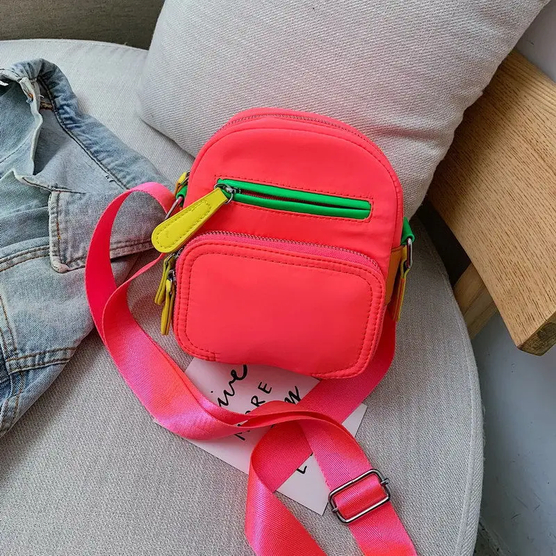 Wholesale Fashionable Color Block Wide Strap Cute Girls Crossbody Bag Nylon Neon Purse