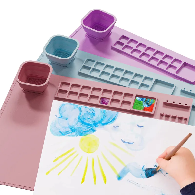 School Children Kids Suction Cup Reusable Silicone Drawing Pad Mat With Folded Cup Art Silicone Painting Mat